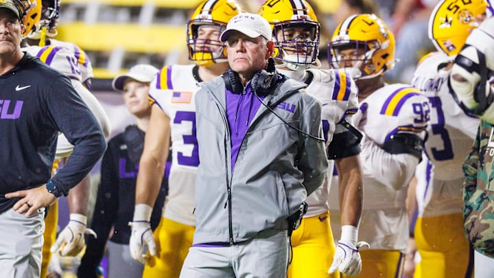 Nov 9, 2024; Baton Rouge, Louisiana, USA; LSU Tigers head coach Brian Kelly looks on against the Alabama Crimson Tide during the second half at Tiger Stadium. Mandatory Credit: Stephen Lew-Imagn Images Nov 9, 2024; Baton Rouge, Louisiana, USA; LSU Tigers head coach Brian Kelly looks on against the Alabama Crimson Tide during the second half at Tiger Stadium. Mandatory Credit: Stephen Lew-Imagn Images