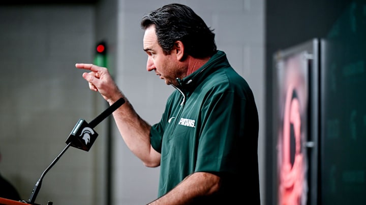 Michigan State coach Jonathan Smith talks the media on the first national signing day for college football recruits Wednesday, Dec. 4, 2024, at Spartan Stadium in East Lansing.