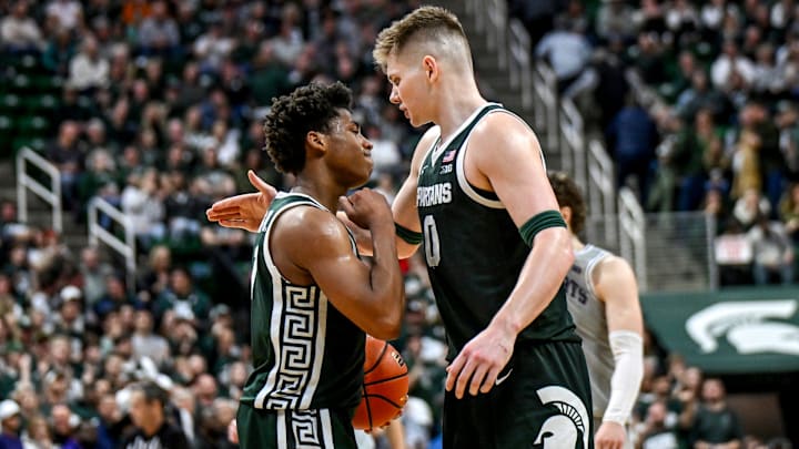 Michigan State's Jaxon Kohler, right, and Jeremy Fears Jr. celebrate late during the second half in the game against Northwestern on Thursday, Jan. 8, 2026, at the Breslin Center in East Lansing. Michigan State's Jaxon Kohler, right, and Jeremy Fears Jr. celebrate late during the second half in the game against Northwestern on Thursday, Jan. 8, 2026, at the Breslin Center in East Lansing.
