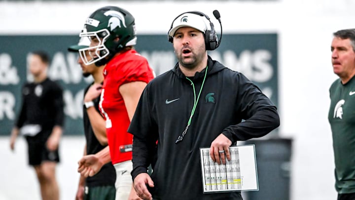 Michigan State's offensive coordinator Nick Sheridan works with the team during spring football practice on Tuesday, March 24, 2026, in East Lansing.