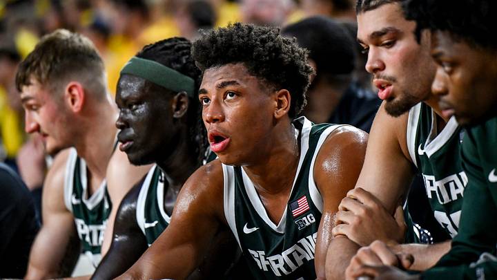 Michigan State's Jeremy Fears Jr. looks on during a break on the bench during the second half against Michigan on Sunday, March 8, 2026, at the Crisler Center in Ann Arbor.