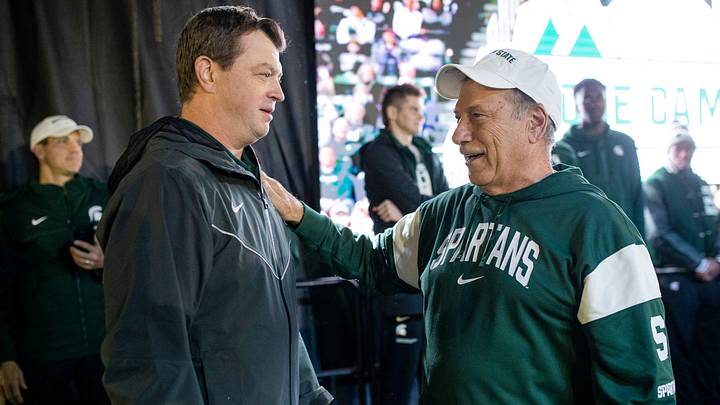 MSU men's basketball head coach Tom Izzo talks to hockey head coach Adam Nightingale during Izzone Campout at Munn Field near Breslin Center in East Lansing on Friday, Oct. 6, 2023. MSU men's basketball head coach Tom Izzo talks to hockey head coach Adam Nightingale during Izzone Campout at Munn Field near Breslin Center in East Lansing on Friday, Oct. 6, 2023.