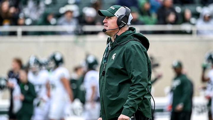 Michigan State's head coach Pat Fitzgerald looks on during the football Spring Showcase on Saturday, April 18, 2026, at Spartan Stadium in East Lansing.
