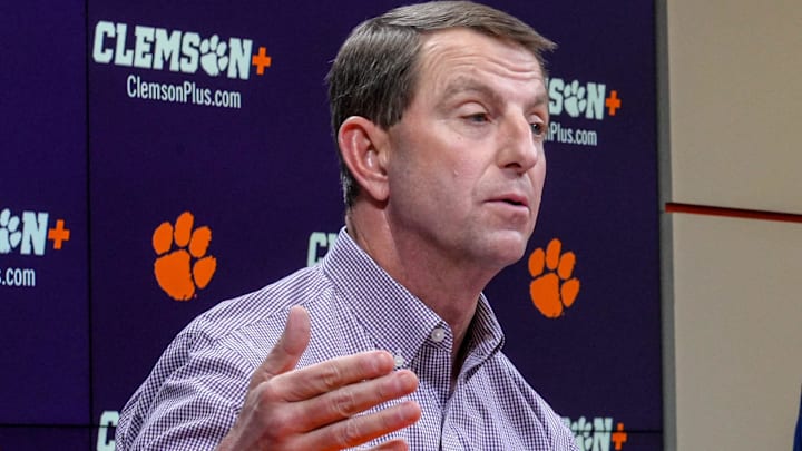 Clemson football Head Coach Dabo Swinney details events of transfer portal Luke Ferrelli and “tampering” with signed players, next to Atheletic Director Graham Neff during a press conference in the Smart Family Media Center in Clemson, SC, Friday, Jan 23 2026.
