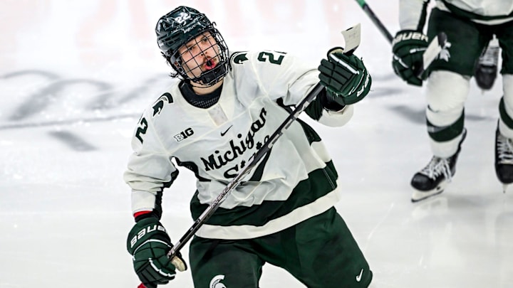 Michigan State's Isaac Howard celebrates his goal against Notre Dame during the third period in the Big Ten tournament on Saturday, March 15, 2025, at Muni Arena in East Lansing.