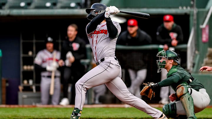 Lugnuts' Henry Bolte hits a home run against Michigan State in the fourth inning on Wednesday, April 3, 2024, during the Crosstown Showdown at Jackson Field in Lansing.