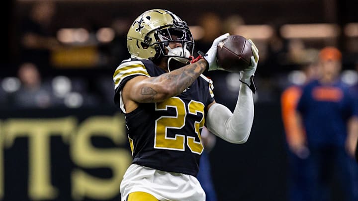 Oct 17, 2024; New Orleans, Louisiana, USA;  New Orleans Saints cornerback Marshon Lattimore (23) during the warmups before the game against the Denver Broncos at Caesars Superdome. Mandatory Credit: Stephen Lew-Imagn Images