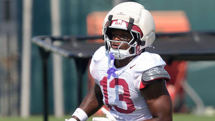 Aug. 7, 2026; Tuscaloosa, AL, USA;  Running back EJ Crowell runs during practice for the Alabama Crimson Tide.