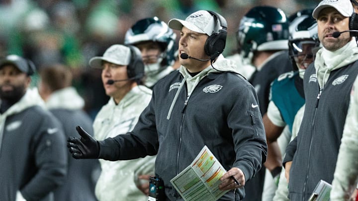 Philadelphia Eagles offensive coordinator Kellen Moore reacts during the third quarter of a game against the Washington Commanders at Lincoln Financial Field.