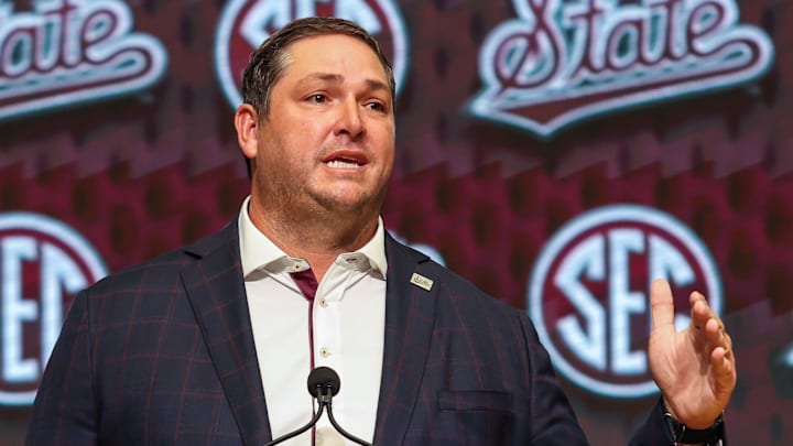 Mississippi State Bulldogs head coach Jeff Lebby talks to the media during the SEC Media Days on Jul 16, 2025 at Omni Atlanta Hotel in Atlanta, Georgia.