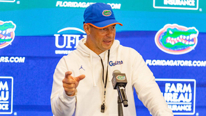 Florida head coach Jon Sumrall speaks after spring practice at Sanders Practice Fields in Gainesville, FL on Tuesday, April 7, 2026. [Alan Youngblood/Gainesville Sun]