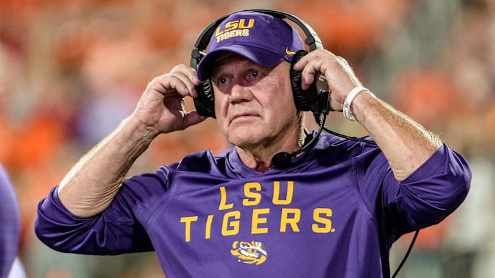 Louisiana State University Head Coach Brian Kelly during the fourth quarter at Memorial Stadium in Clemson, S.C. Saturday, August 30, 2025.
