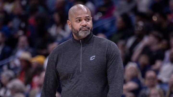 Mar 13, 2024; New Orleans, Louisiana, USA; Cleveland Cavaliers head coach JB Bickerstaff looks on against the New Orleans Pelicans during the second half at Smoothie King Center. Mandatory Credit: Stephen Lew-USA TODAY Sports