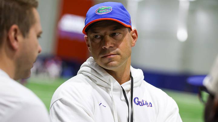 Florida head coach Jon Sumrall talks on the sideline during spring practice at Sanders Practice Fields in Gainesville, FL on Tuesday, April 7, 2026. [Alan Youngblood/Gainesville Sun]