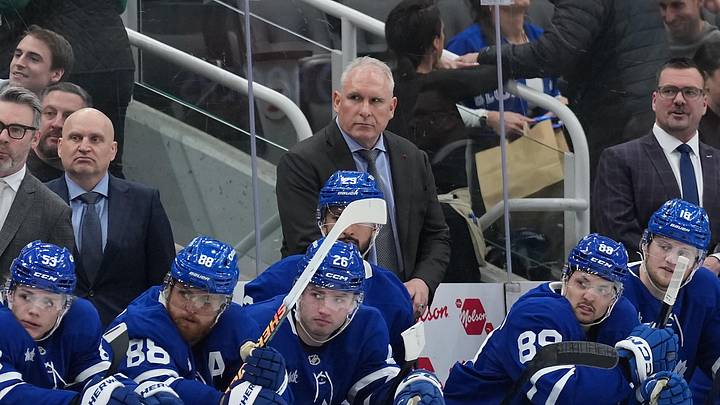 Apr 8, 2026; Toronto, Ontario, CAN; Toronto Maple Leafs head coach Craig Berube watches the play against the Washington Capitals during the third period at Scotiabank Arena. Mandatory Credit: Nick Turchiaro-Imagn Images
