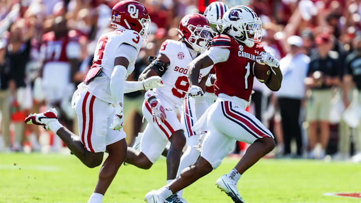 Oct 18, 2025; Columbia, South Carolina, USA; South Carolina Gamecocks running back Rahsul Faison (1) rushes against the Oklahoma Sooners in the first quarter at Williams-Brice Stadium. Mandatory Credit: Jeff Blake-Imagn Images