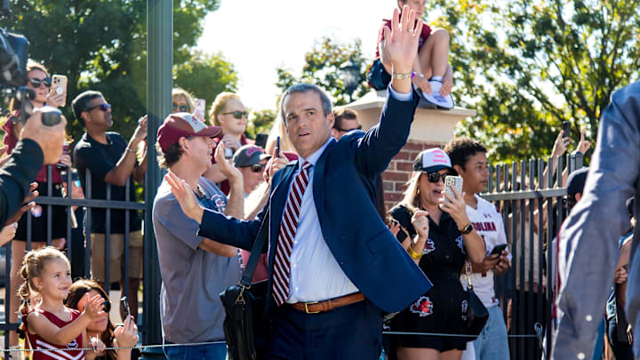 Oct 18, 2025; Columbia, South Carolina, USA;  South Carolina Gamecocks head coach Shane Beamer takes part in the Gamecock Walk before the game against the Oklahoma Sooners at Williams-Brice Stadium. Mandatory Credit: Jeff Blake-Imagn Images
