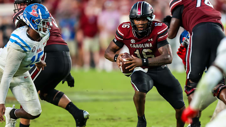 Oct 5, 2024; Columbia, South Carolina, USA; South Carolina Gamecocks quarterback LaNorris Sellers (16) scrambles against the Mississippi Rebels in the second half at Williams-Brice Stadium. Mandatory Credit: Jeff Blake-Imagn Images Oct 5, 2024; Columbia, South Carolina, USA; South Carolina Gamecocks quarterback LaNorris Sellers (16) scrambles against the Mississippi Rebels in the second half at Williams-Brice Stadium. Mandatory Credit: Jeff Blake-Imagn Images
