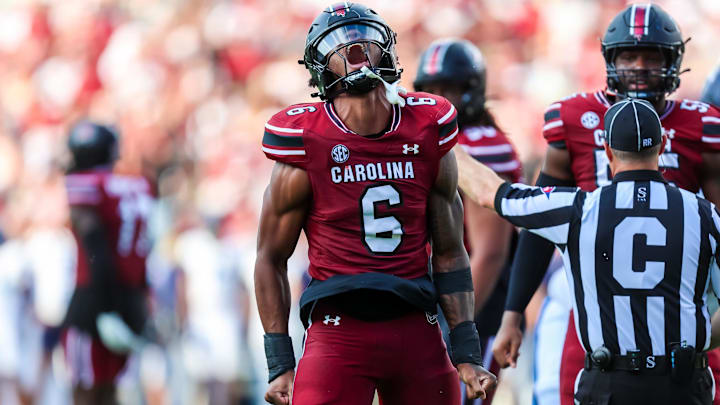 Aug 31, 2024; Columbia, South Carolina, USA; South Carolina Gamecocks edge Dylan Stewart (6) celebrates after a sack against the Old Dominion Monarchs in the second quarter at Williams-Brice Stadium. Mandatory Credit: Jeff Blake-Imagn Images