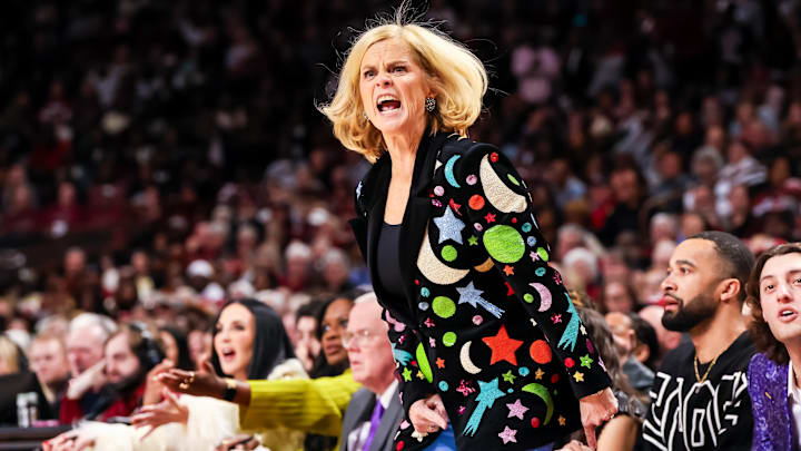 Jan 24, 2025; Columbia, South Carolina, USA; LSU Lady Tigers head coach Kim Mulkey reacts to a play against the South Carolina Gamecocks in the second half at Colonial Life Arena. Mandatory Credit: Jeff Blake-Imagn Images Jan 24, 2025; Columbia, South Carolina, USA; LSU Lady Tigers head coach Kim Mulkey reacts to a play against the South Carolina Gamecocks in the second half at Colonial Life Arena. Mandatory Credit: Jeff Blake-Imagn Images