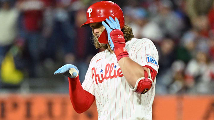 Philadelphia Phillies third baseman Alec Bohm (28) celebrates his RBI double.