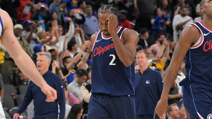 Apr 15, 2026; Inglewood, California, USA; Los Angeles Clippers forward Kawhi Leonard (2) leaves the court after being defeated by the Golden State Warriors during the play-in rounds of the 2026 NBA Playoffs at Intuit Dome. Mandatory Credit: Jayne Kamin-Oncea-Imagn Images