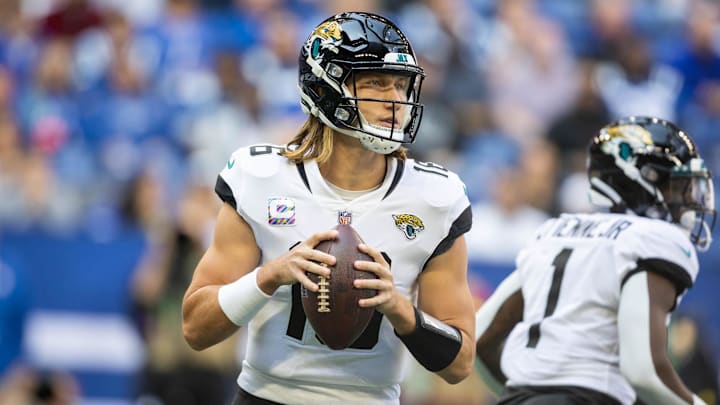 Oct 16, 2022; Indianapolis, Indiana, USA; Jacksonville Jaguars quarterback Trevor Lawrence (16)
