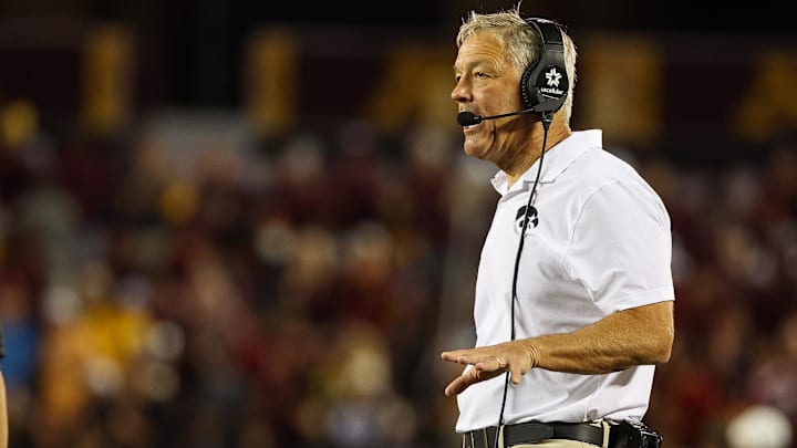Sep 21, 2024; Minneapolis, Minnesota, USA; Iowa Hawkeyes head coach Kirk Ferentz looks on during the first half against the Minnesota Golden Gophers at Huntington Bank Stadium. Mandatory Credit: Matt Krohn-Imagn Images