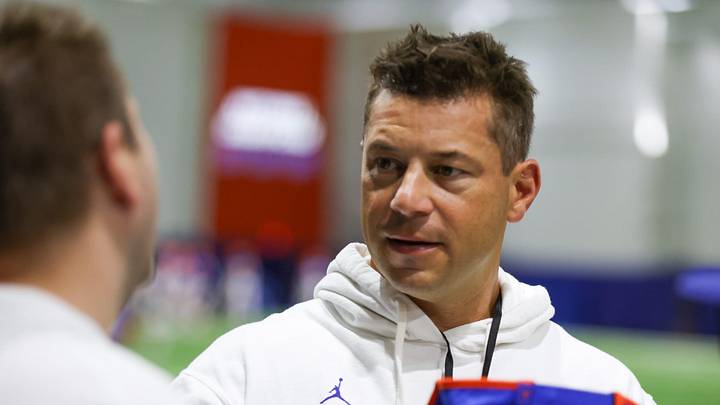 Florida head coach Jon Sumrall talks on the sideline during spring practice at Sanders Practice Fields in Gainesville, FL on Tuesday, April 7, 2026. [Alan Youngblood/Gainesville Sun]