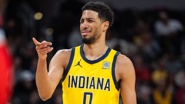 Indiana Pacers guard Tyrese Haliburton (0) reacts to a player on the LA Clippers  in the second half at Gainbridge Fieldhouse.