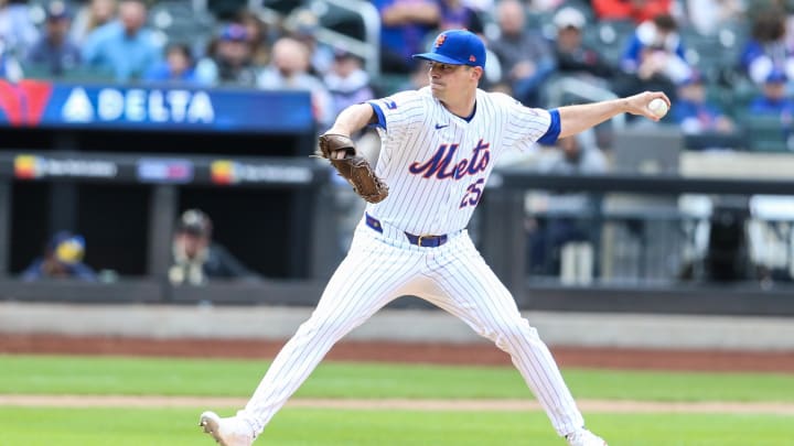 Mar 31, 2024; New York City, New York, USA;  New York Mets relief pitcher Brooks Raley (25) throws off the mound.