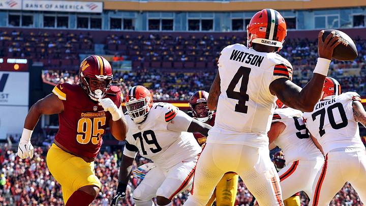 Oct 6, 2024; Landover, Maryland, USA; Cleveland Browns quarterback Deshaun Watson (4) throws a pass against Washington Commanders defensive tackle Jer'Zhan Newton (95) during the second quarter at NorthWest Stadium. Mandatory Credit: Peter Casey-Imagn Images Oct 6, 2024; Landover, Maryland, USA; Cleveland Browns quarterback Deshaun Watson (4) throws a pass against Washington Commanders defensive tackle Jer'Zhan Newton (95) during the second quarter at NorthWest Stadium. Mandatory Credit: Peter Casey-Imagn Images