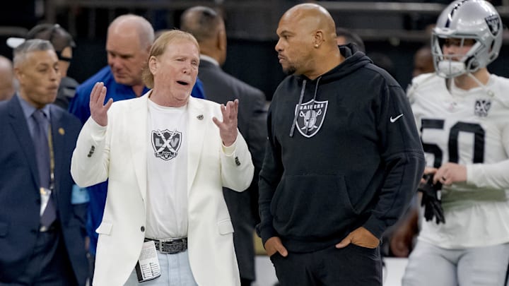 Dec 29, 2024; New Orleans, Louisiana, USA; Las Vegas Raiders owner Mark Davis talks with Las Vegas Raiders head coach Antonio Pierce before a game against the New Orleans Saints at Caesars Superdome. Mandatory Credit: Matthew Hinton-Imagn Images