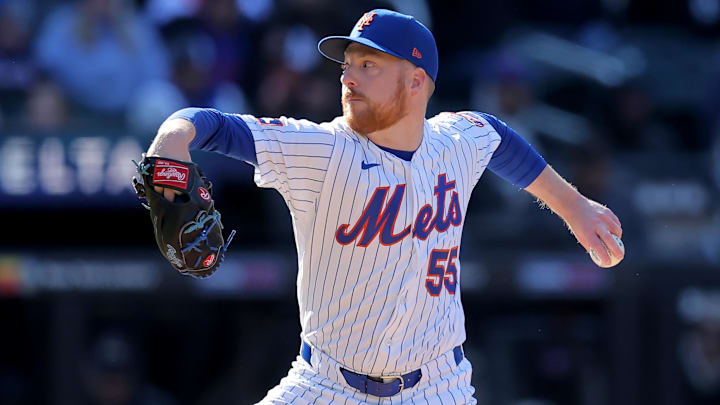 Mar 29, 2026; New York City, New York, USA; New York Mets relief pitcher Richard Lovelady (55) pitches against the Pittsburgh Pirates during the tenth inning at Citi Field. Mandatory Credit: Brad Penner-Imagn Images