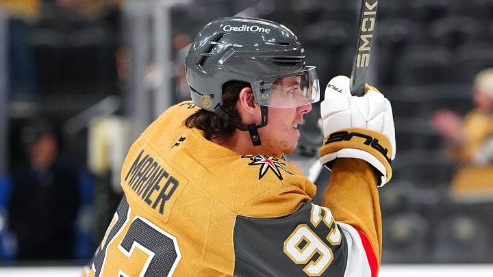 Jan 8, 2026; Las Vegas, Nevada, USA; Vegas Golden Knights right wing Mitch Marner (93) warms up before a game against the Columbus Blue Jackets at T-Mobile Arena. Mandatory Credit: Stephen R. Sylvanie-Imagn Images