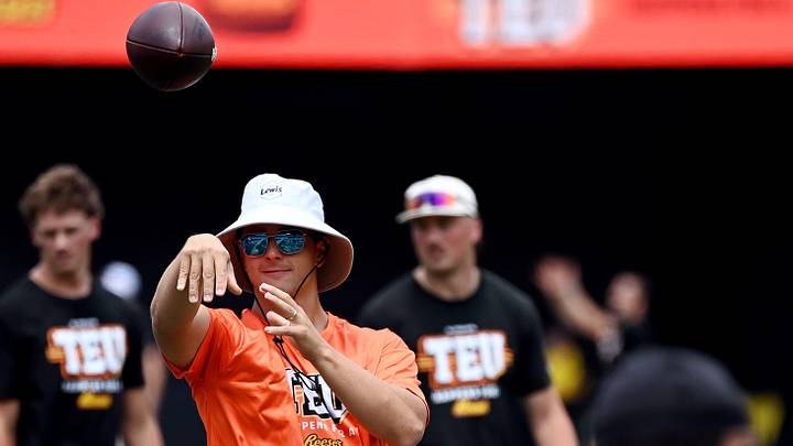 San Francisco 49ers quarterback Brock Purdy throws a pass during the Tight End University annual offseason training summit at Vanderbilt University’s FirstBank Stadium on Tuesday, June 23, 2026, in Nashville, Tenn.