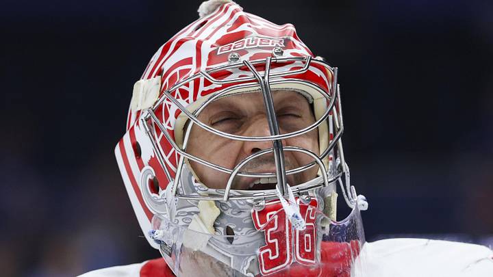 Apr 13, 2026; Tampa, Florida, USA; Detroit Red Wings goaltender John Gibson (36) warms up before a game against the Tampa Bay Lightning at Benchmark International Arena. Mandatory Credit: Nathan Ray Seebeck-Imagn Images