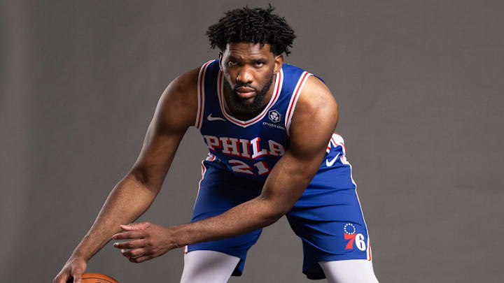 Sep 30, 2024; Camden, NJ, USA; Philadelphia 76ers center Joel Embiid (21) poses for a photo on media day at the Philadelphia 76ers Training Complex. Mandatory Credit: Bill Streicher-Imagn Images Sep 30, 2024; Camden, NJ, USA; Philadelphia 76ers center Joel Embiid (21) poses for a photo on media day at the Philadelphia 76ers Training Complex. Mandatory Credit: Bill Streicher-Imagn Images