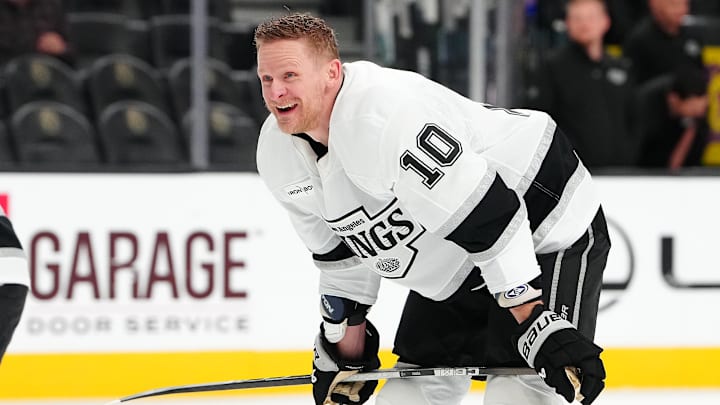 Feb 5, 2026; Las Vegas, Nevada, USA; Los Angeles Kings right wing Corey Perry (10) warms up before the start of a game against the Vegas Golden Knights at T-Mobile Arena. Mandatory Credit: Stephen R. Sylvanie-Imagn Images