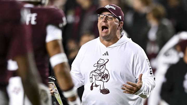 Texas A&M Aggies head coach Mike Elko reacts during the second half against the Texas Longhorns. The Longhorns defeated the Aggies 17-7. at Kyle Field.