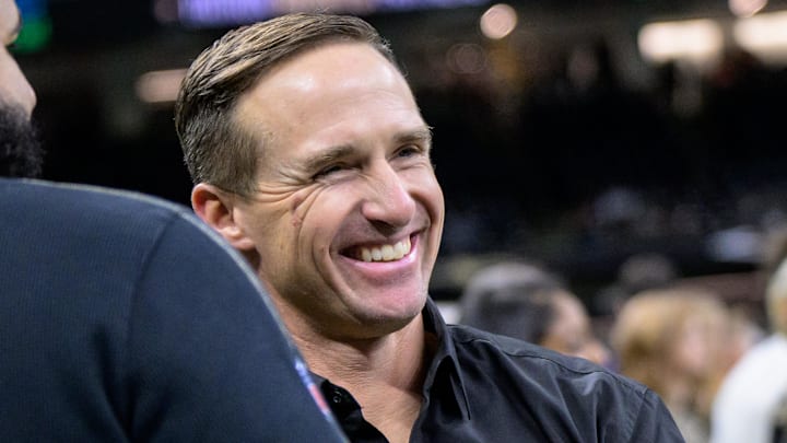 Oct 17, 2024; New Orleans, Louisiana, USA; New Orleans Saints retired quarterback Drew Brees is seen before a game against the Denver Broncos at Caesars Superdome. Mandatory Credit: Matthew Hinton-Imagn Images Oct 17, 2024; New Orleans, Louisiana, USA; New Orleans Saints retired quarterback Drew Brees is seen before a game against the Denver Broncos at Caesars Superdome. Mandatory Credit: Matthew Hinton-Imagn Images