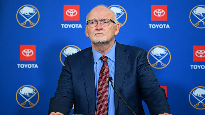 Lindy Ruff talking to the press after the Senators game. 