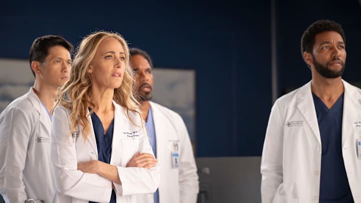 GREY’S ANATOMY - “Love You Like a Love Song” - Jo and Link’s wedding day arrives, along with some visitors. Meanwhile, Teddy and Owen are met with a familiar face seeking treatment, and Lucas disagrees with Simone on how to approach a patient’s worsened condition. THURSDAY, MAY 8 (10:00-11:00 p.m. EDT) on ABC. (Disney/Anne Marie Fox) 
HARRY SHUM JR., KIM RAVER, JASON GEORGE, ANTHONY HILL