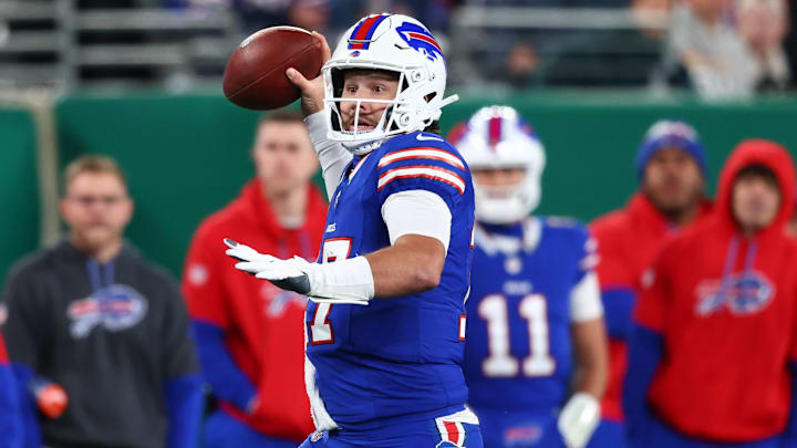 Oct 14, 2024; East Rutherford, New Jersey, USA; Buffalo Bills quarterback Josh Allen throws a pass against the New York Jets.