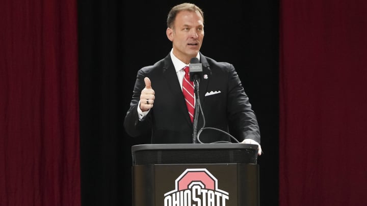 Jan 17, 2024; Columbus, OH, USA; Ross Bjork speaks during an introductory press conference for Ohio State University’s new athletic director at the Covelli Center. Jan 17, 2024; Columbus, OH, USA; Ross Bjork speaks during an introductory press conference for Ohio State University’s new athletic director at the Covelli Center.