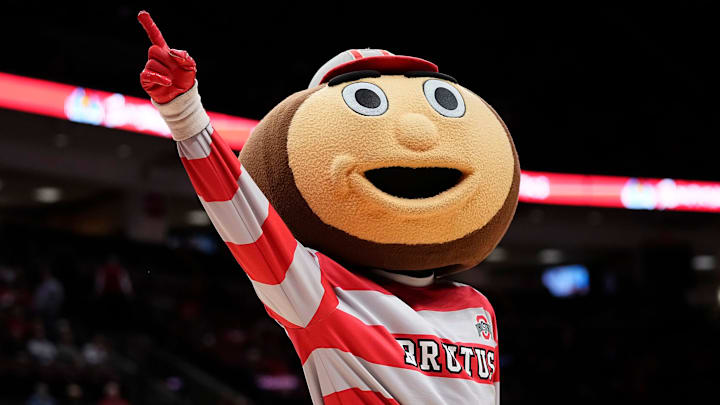 Ohio State Buckeyes mascot Brutus cheers during the second half of the NCAA men's basketball game against the Iowa Hawkeyes at Value City Arena on Jan. 27, 2025. Ohio State won 82-65.