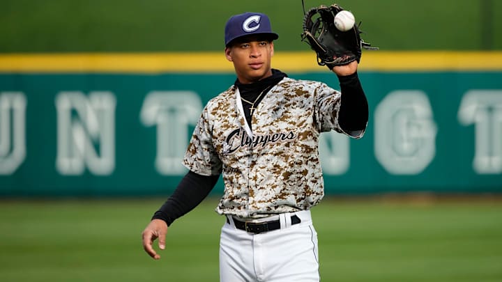 Apr 3, 2024; Columbus, OH, USA; Columbus Clippers third baseman Juan Brito (24) warms up prior to the Opening Day game against the Omaha Storm Chasers at Huntington Park. Apr 3, 2024; Columbus, OH, USA; Columbus Clippers third baseman Juan Brito (24) warms up prior to the Opening Day game against the Omaha Storm Chasers at Huntington Park.