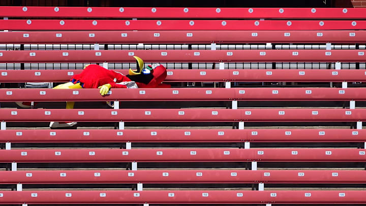 Jul 25, 2020; St. Louis, Missouri, USA;  St. Louis Cardinals mascot Fredbird lays on the left fielder bleachers during the sixth inning against the Pittsburgh Pirates at Busch Stadium. Mandatory Credit: Jeff Curry-Imagn Images