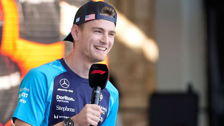 Williams Racing driver Logan Sargeant of United States talks to fans at the Driver Engagement event
