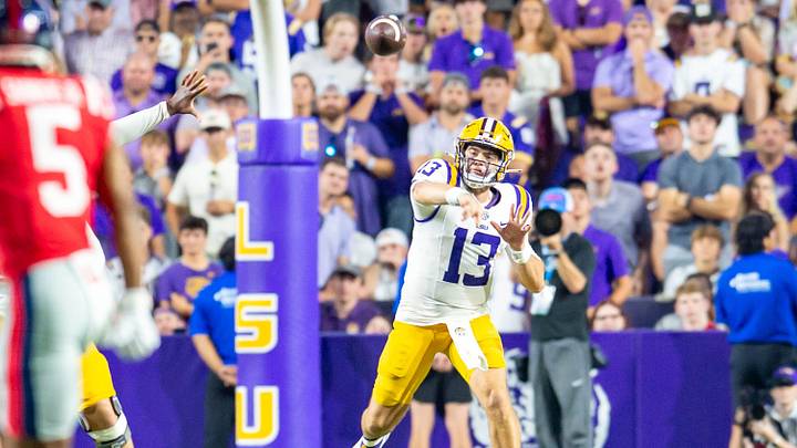 Quarterback Garrett Nussmeier 13 throws a pass as the LSU Tigers take on the Ole Miss Rebels at Tiger Stadium in Baton Rouge, LA. Saturday, Oct. 12, 2024.Saturday, Oct. 12, 2024. Quarterback Garrett Nussmeier 13 throws a pass as the LSU Tigers take on the Ole Miss Rebels at Tiger Stadium in Baton Rouge, LA. Saturday, Oct. 12, 2024.Saturday, Oct. 12, 2024.